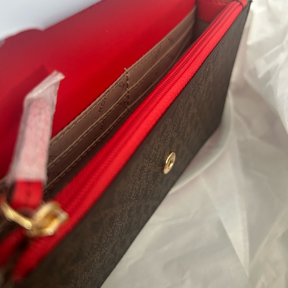 Michael Kors Jet Set Travel Small Flap Clutch Crossbody Bag (brown + red) - Picture 8 of 12